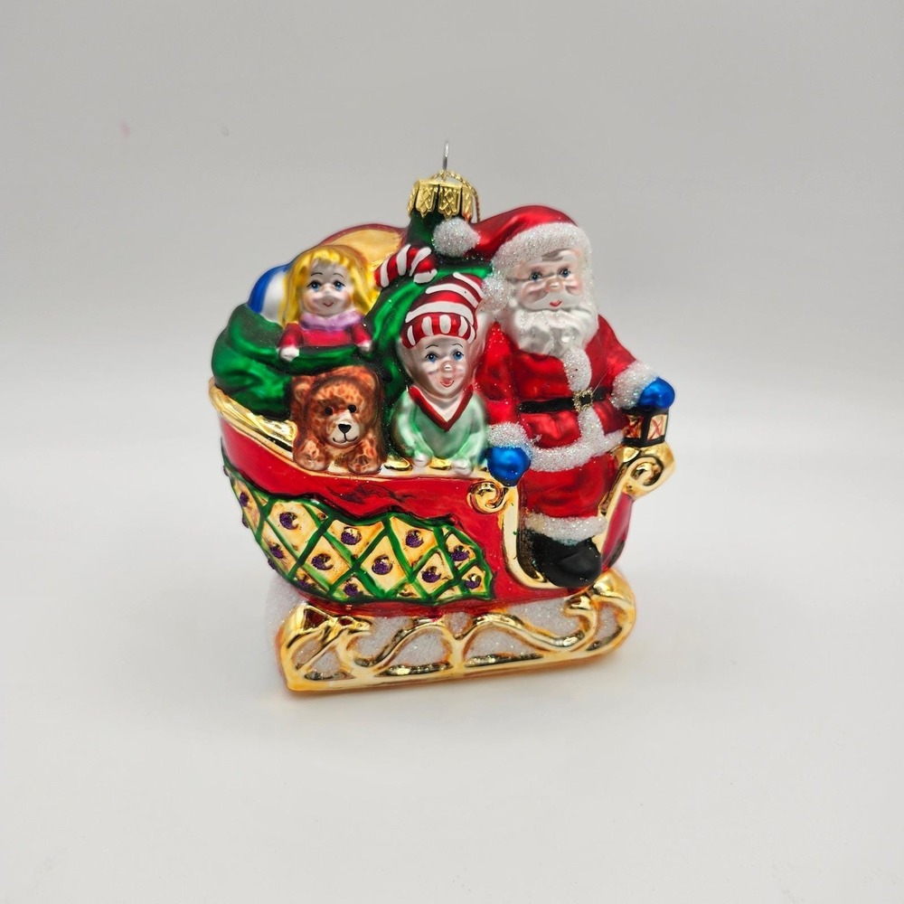 Santa in Sleigh Gift Blown Glass Ornament Polonaise Style Hand Painted Christmas